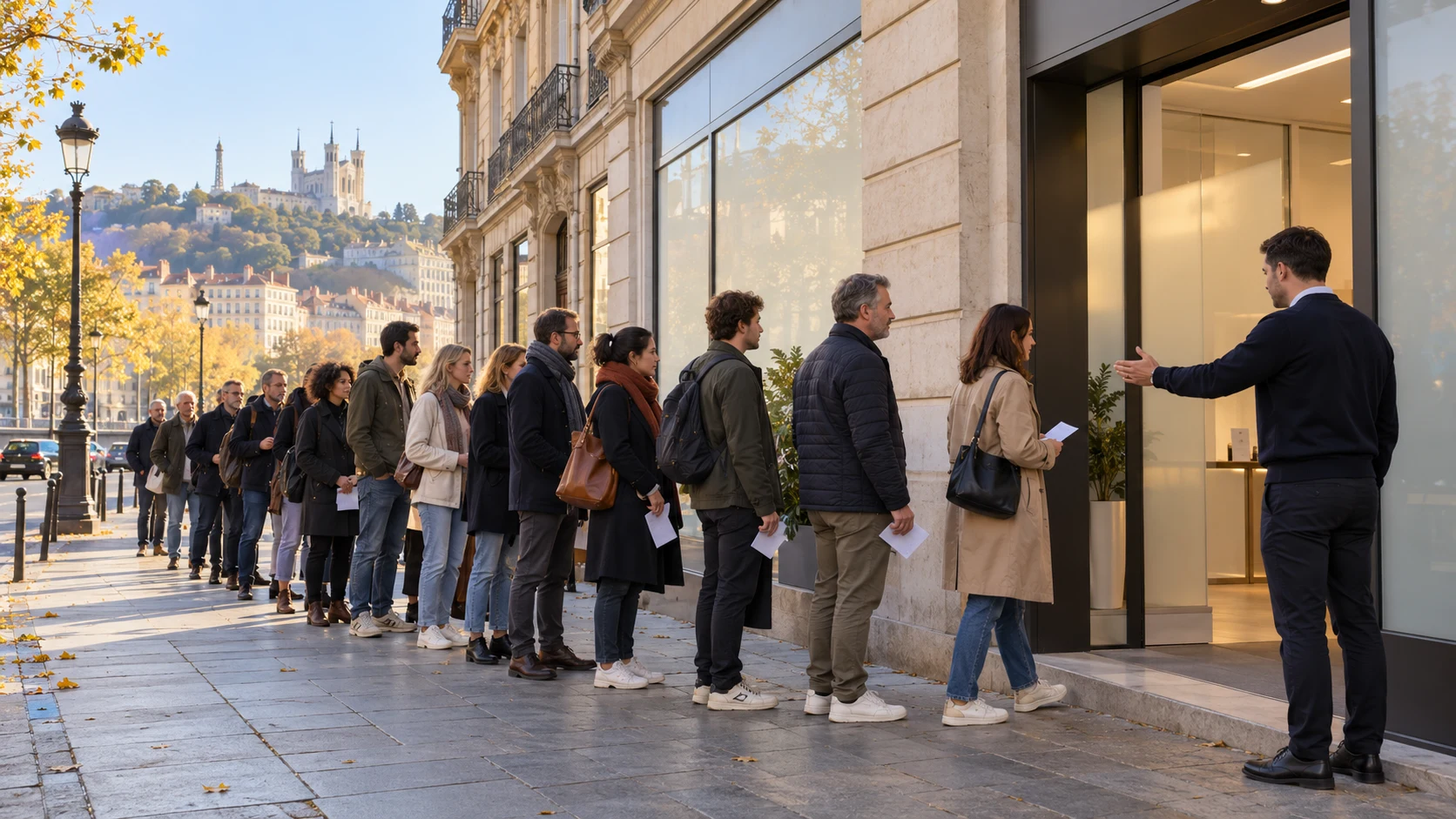 Rue piétonne du centre de Lyon tôt le matin, vitrines soignées, lumière automnale douce