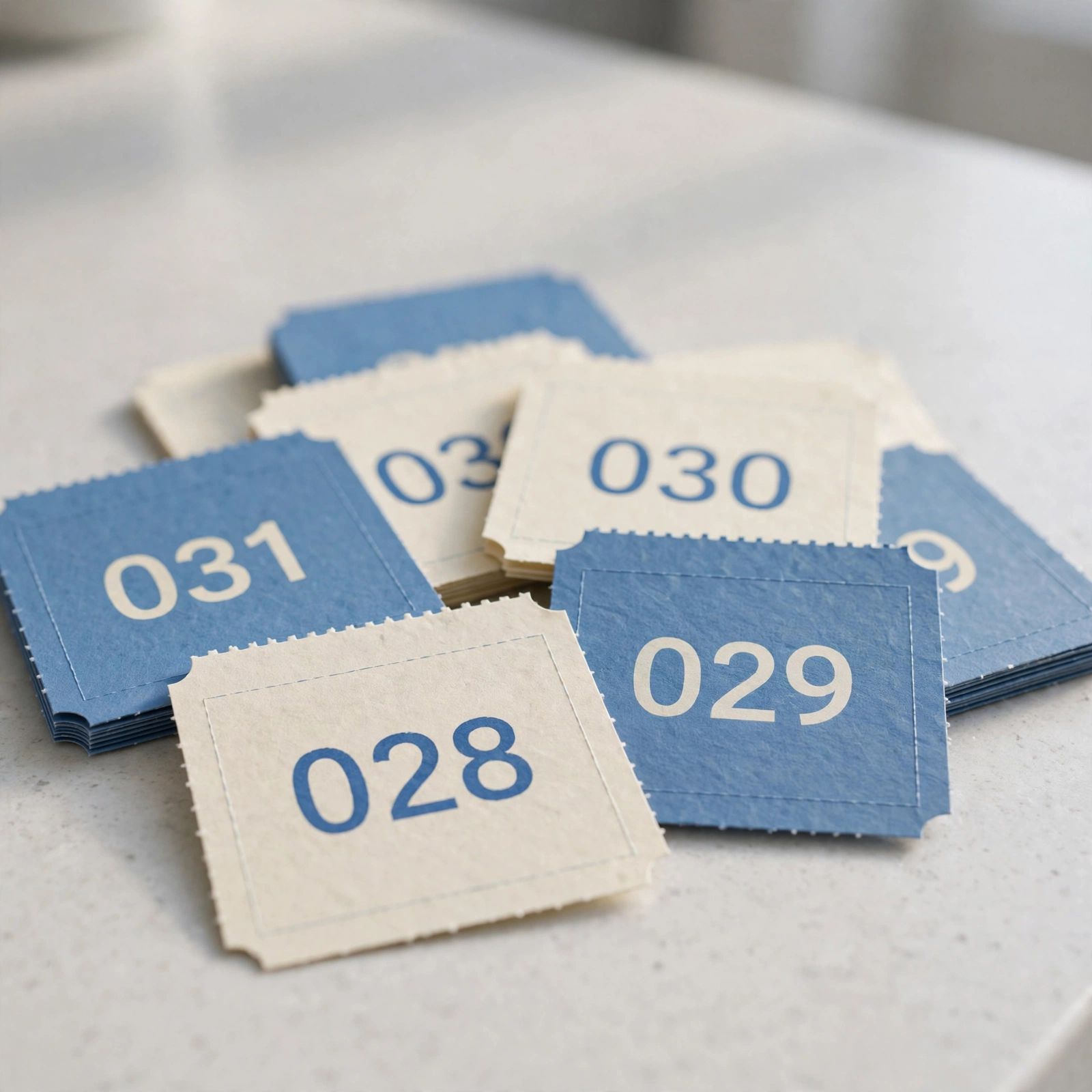 Tickets de file d'attente numérotés sur un comptoir, papeterie bleue et crème