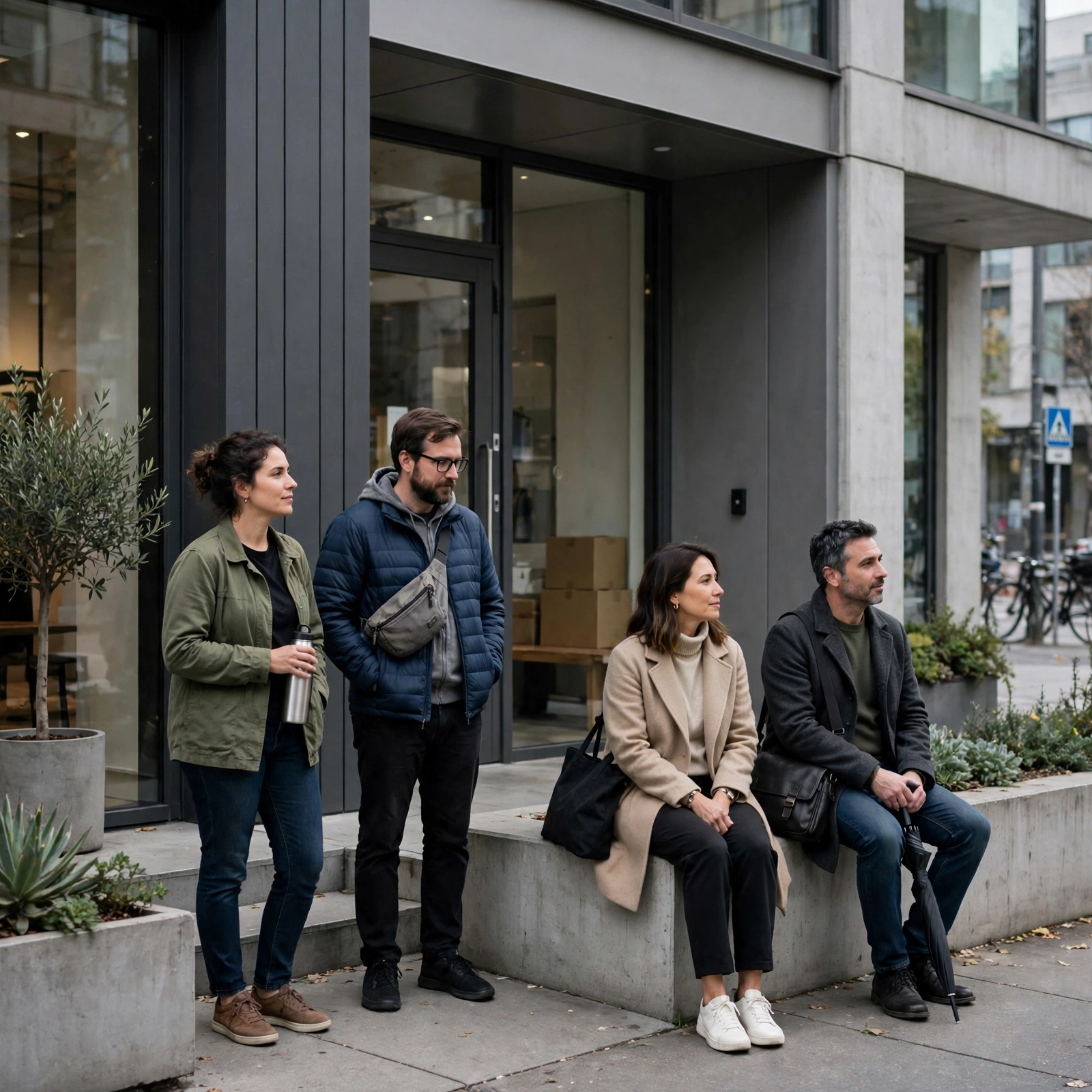 Petit groupe d'adultes attendant calmement devant une boutique moderne en ville