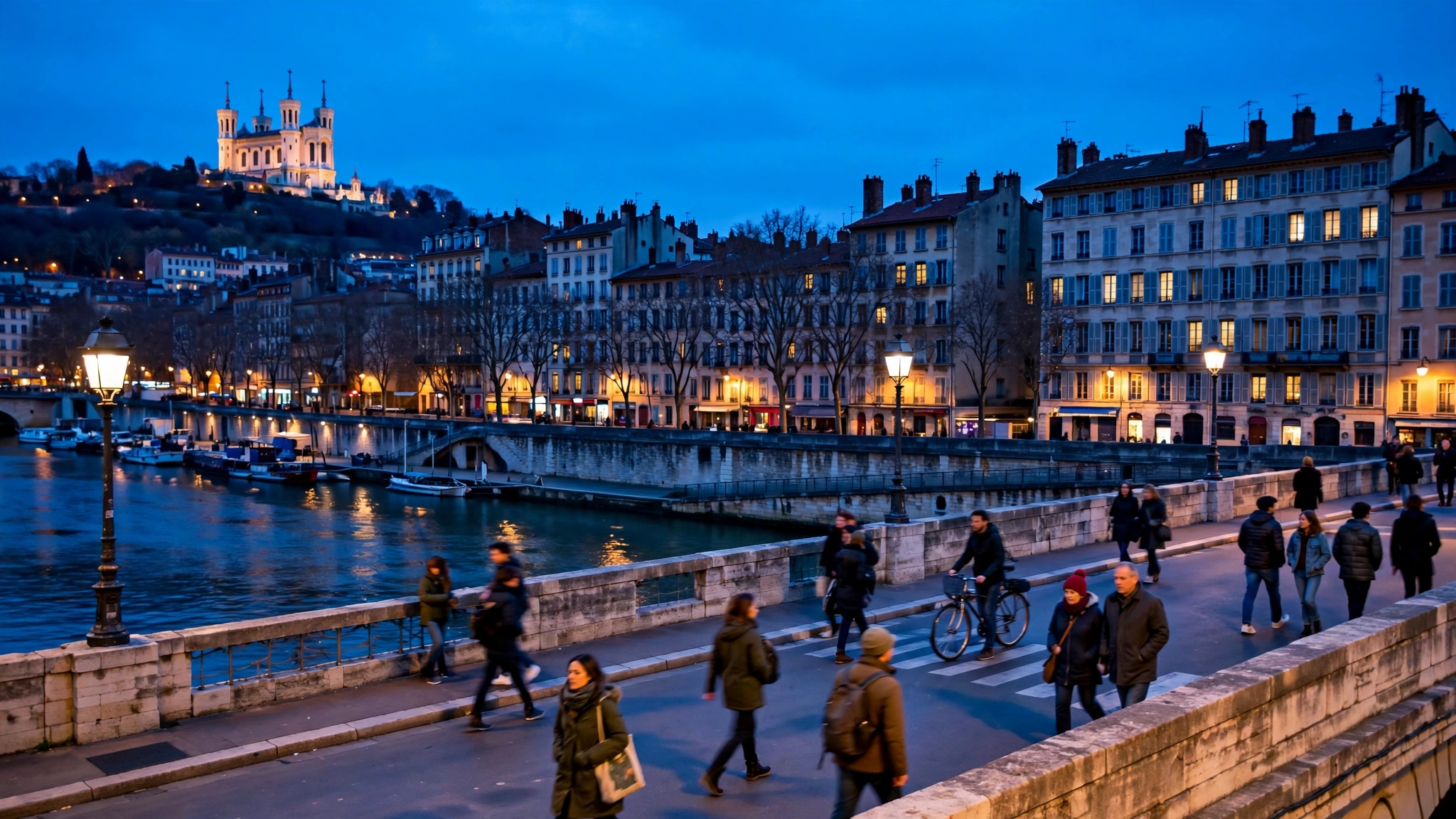 Bords du Rhône à Lyon à l'heure bleue, piétons traversant un pont