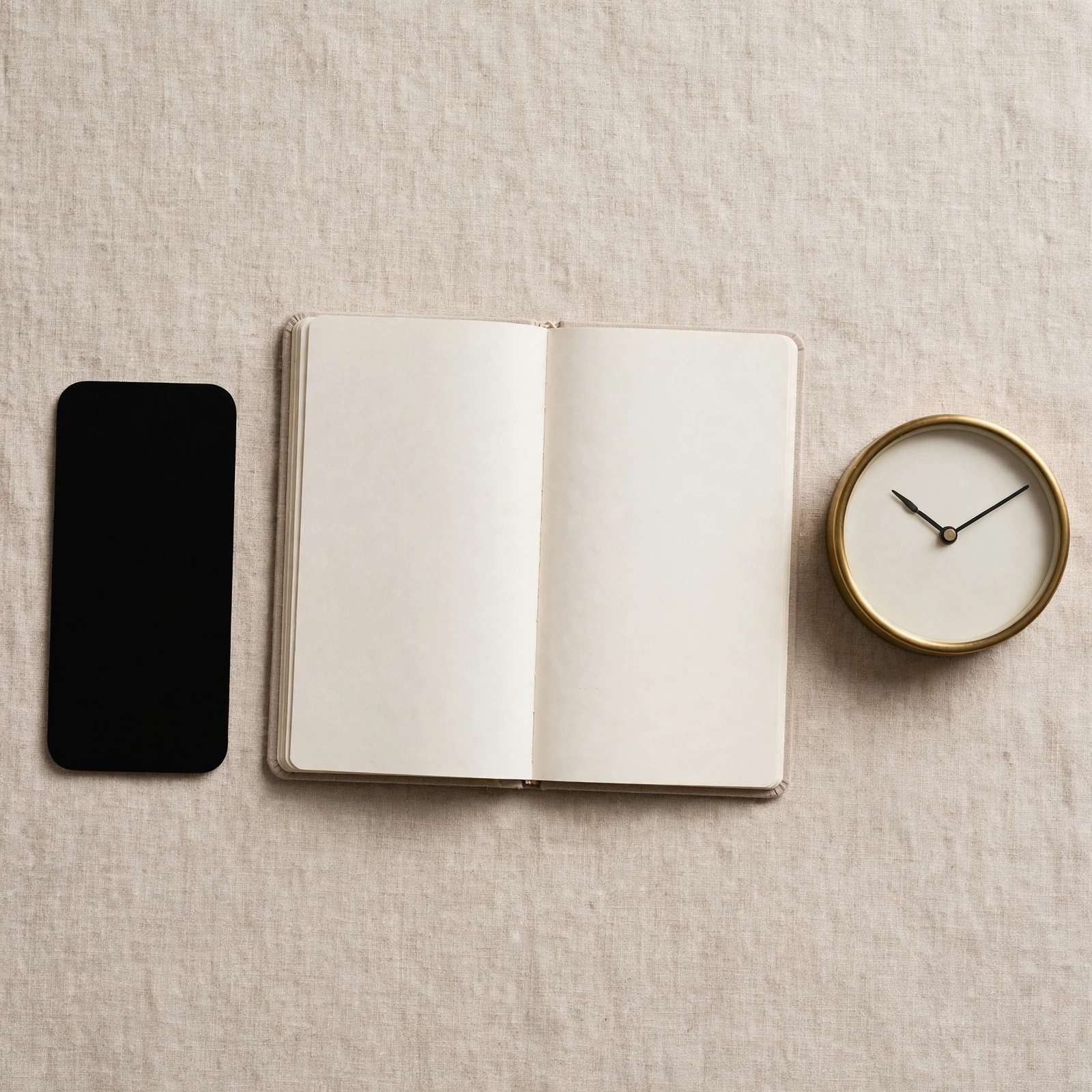 Mise à plat minimaliste avec silhouette de téléphone, carnet et horloge analogique